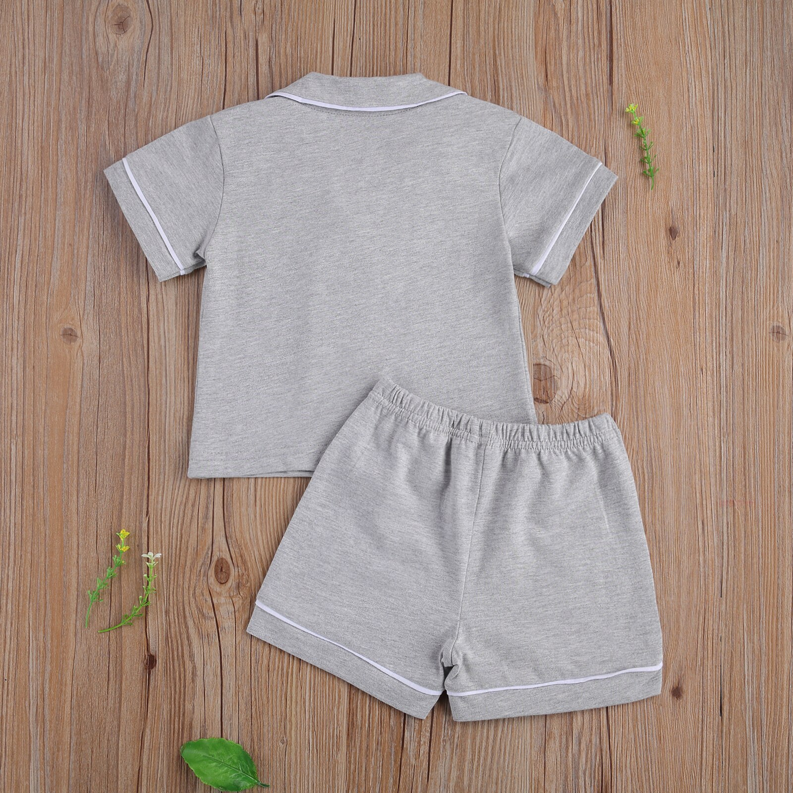 1-7Y Kleine Jongen En Meisje 2 Stuk Pyjama Pak, kinderen Effen Kleur Korte Mouw Knop Top, Korte Broek Past
