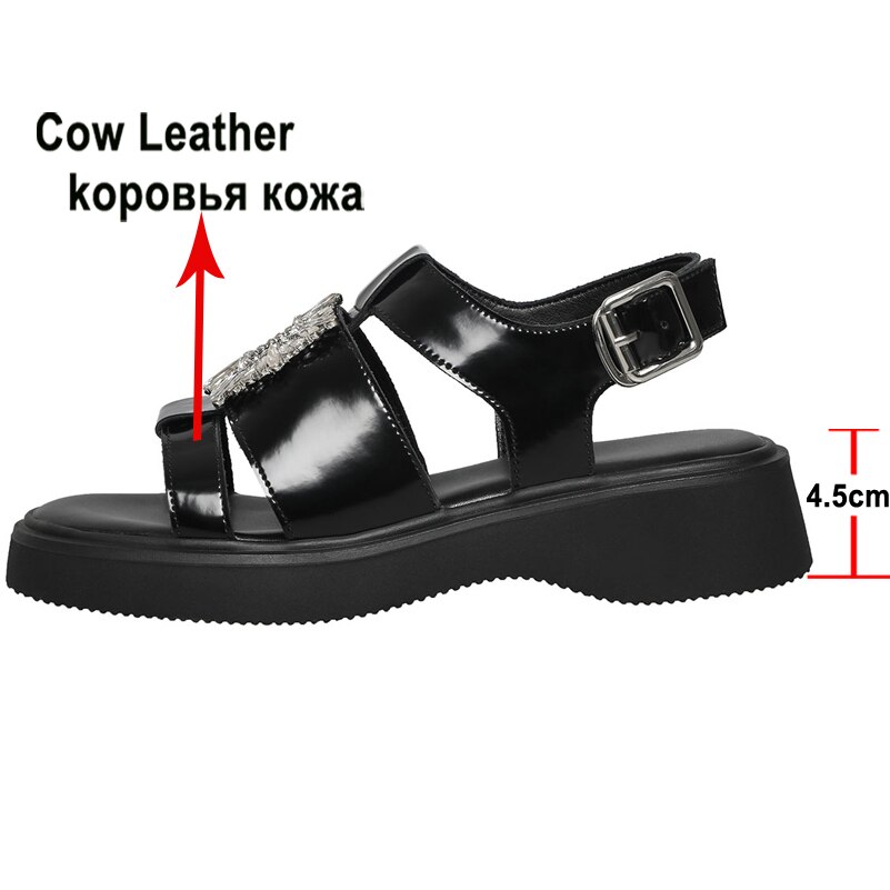 Meotina Shoes Women Genuine Leather Gladiator Sandals Flat Platform Sandals Crystal Buckle Ladies Footwear Summer Beige Black 40