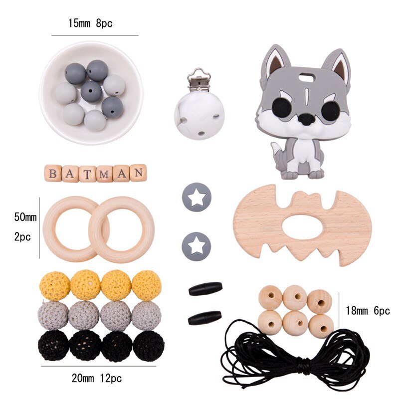 Hacer 1 Juego de mordedor de silicona para dentición de bebé cuentas de perlas de madera artesanía cuerda DIY juego de mordedor de Madera Juguetes de mordedor: 19TZ0294
