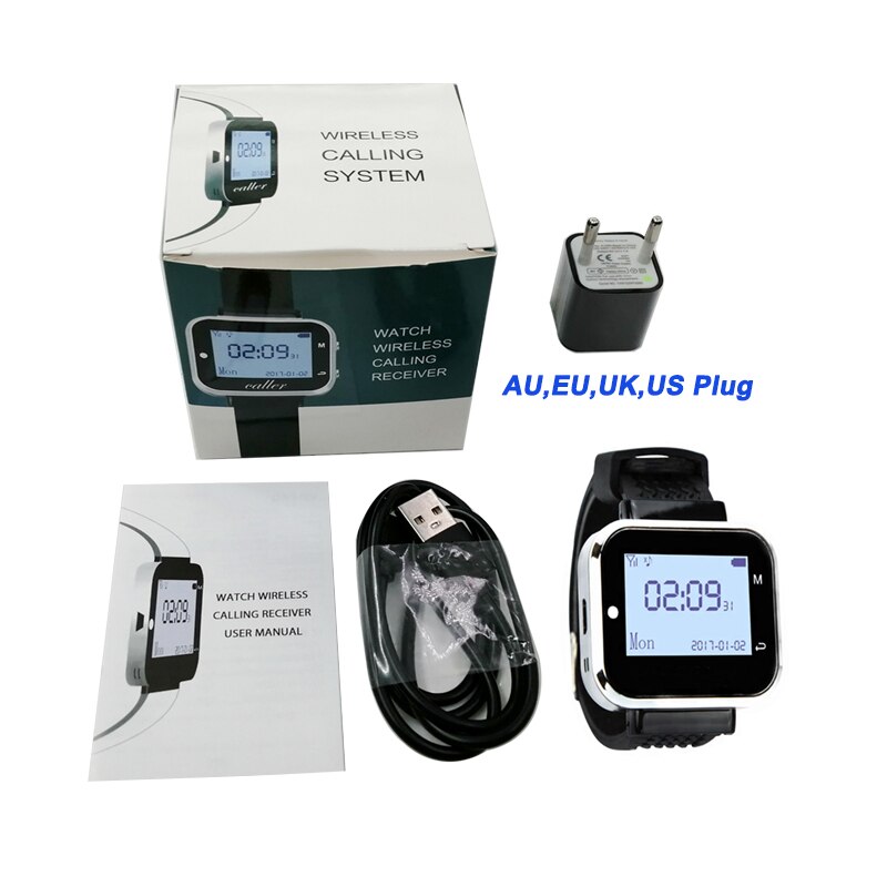 Wireless Pager System Restaurant 1 Call Button Transmitters + 1 Wrist Watch Receiver 433MHz For Factory Cafe Clinic Bar