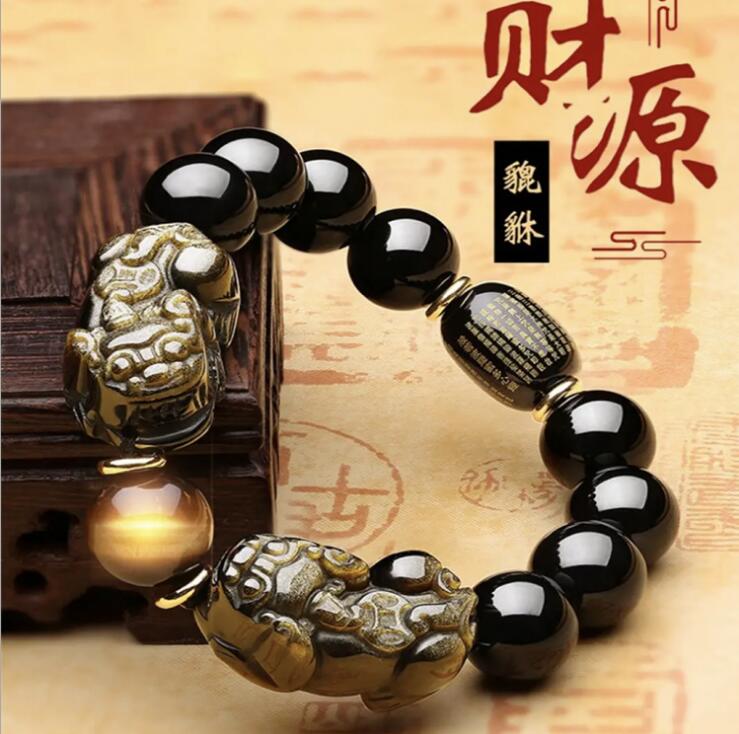 Natuurlijke Mexico goud obsidiaan dubbele PI xiu armband dubbele een dollar bixie mannelijke stijl prachtige carving hand string