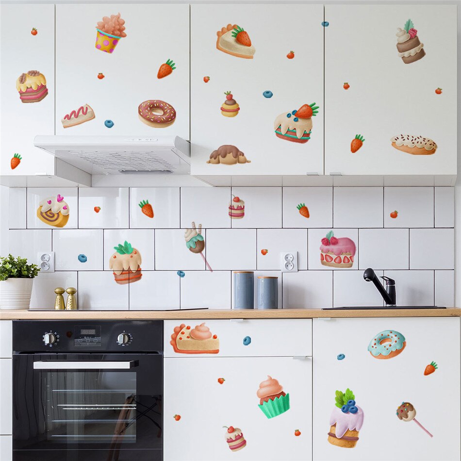 zollor Bread Cake Strawberry Donut Wall Stickers Kitchen Restaurant Window Background Decoration PVC Stickers