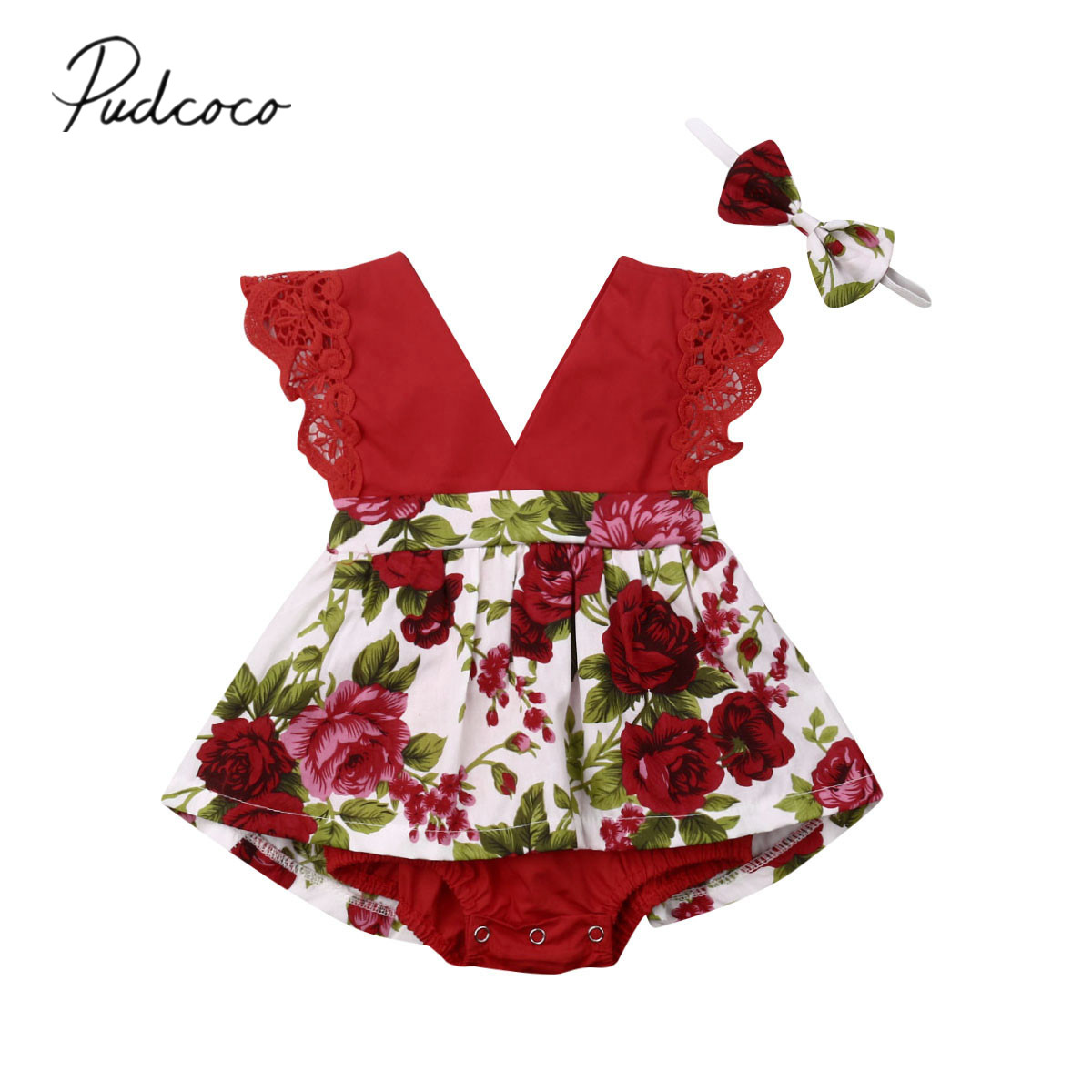 2019 bebê verão roupas infantis do bebê meninas floral bodysuit vestido sem mangas rendas com decote em v babados macacão bandana outfits