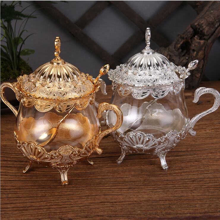 gold/silver glass jars with lids metal candy jar food container storage containers glass bottle glass container TWG012