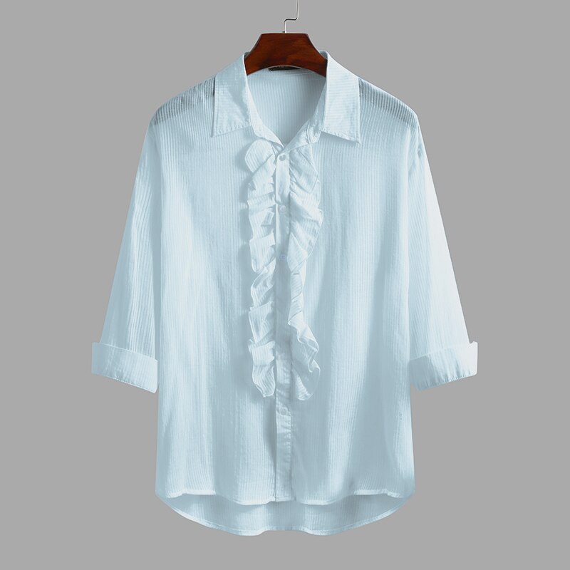 Incerun heren overhemd katoen 3/4 mouwen revers knoop podium bruiloft feest shirts merk effen kleur camisa: Lichtblauw / M