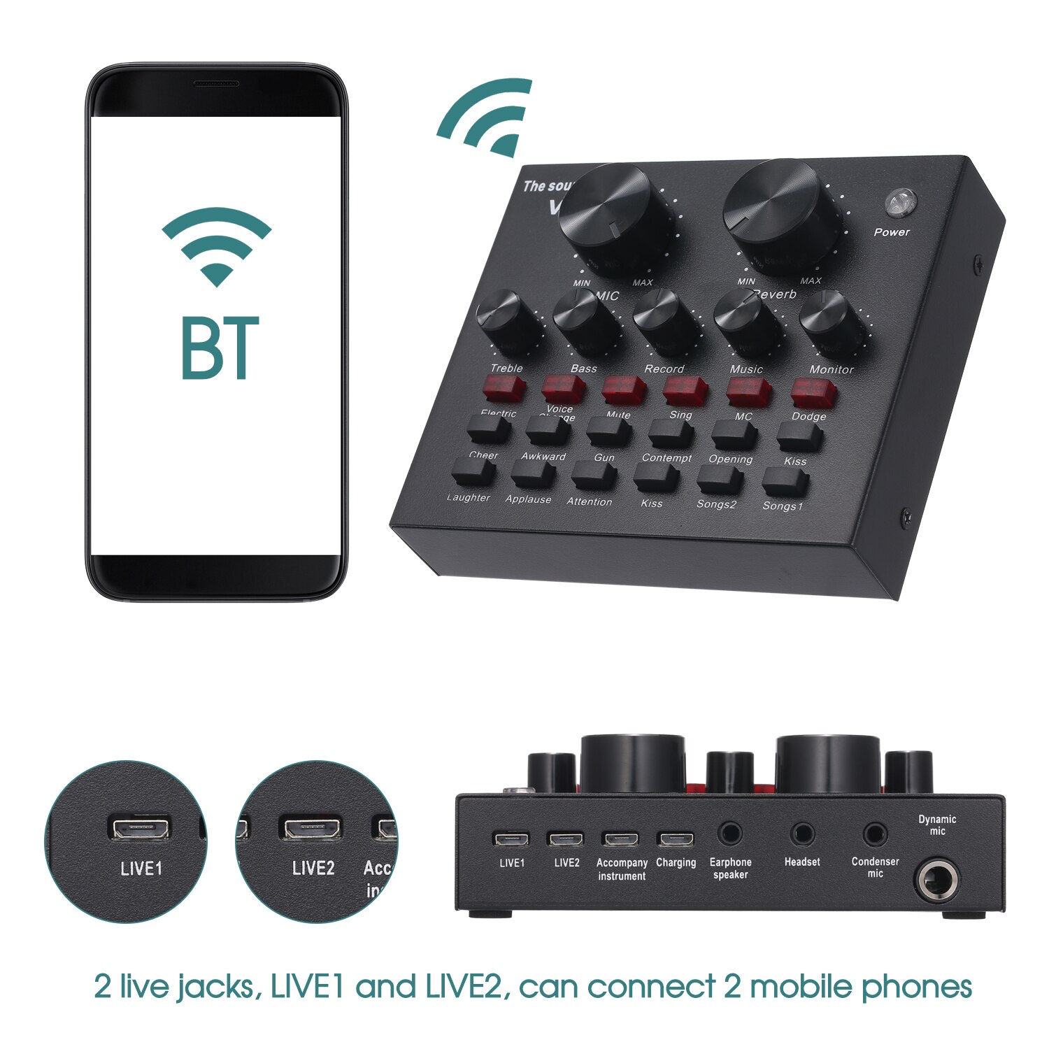 Tarjeta de sonido para teléfono móvil V8, micrófono Bluetooth en vivo, tarjeta de sonido externa USB, Chip DSP, 12 efectos de sonido para teléfono, ordenador y PC