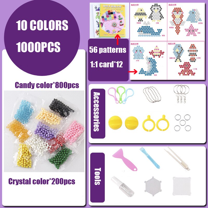 Hama-caja de plástico de 15000 piezas para niños, cuentas de agua Perler, Spray Aqua Magic, 3D, educativo, rompecabezas, accesorios, Juguetes: 10 colors 1000