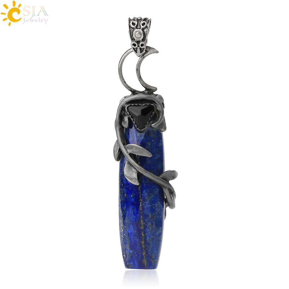 CSJA Antique Silver Color Pendant Necklaces Natural Crystal Stones Leaves Winding Faceted Rectangle Long Pendants Women Men G587: Lapis Lazuli