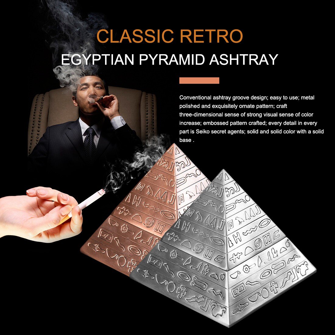 Sølv dekoration klassisk vintage egyptisk metal udskåret pyramide med låg askebæger boligdekoration