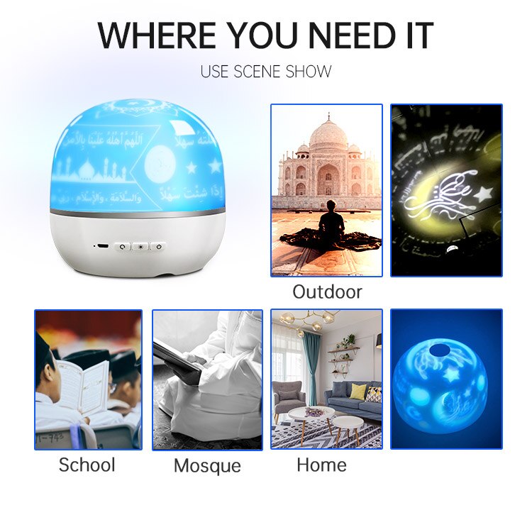 Originaler tragbarer quran-lautsprecher von equantu mit app-steuerung, islamischer deckenprojektionslampe, 14 sprachen, usb-ladeanschluss, muslimisch