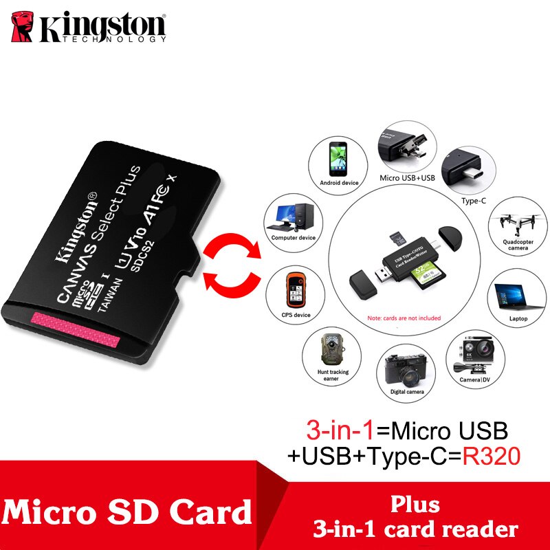 Kingston-tarjeta Micro SD Original, 16GB, 32 GB, 64GB, 128GB, 256GB, 512GB, adaptador de tarjetas Microsd,: SDCS2-64G-R320