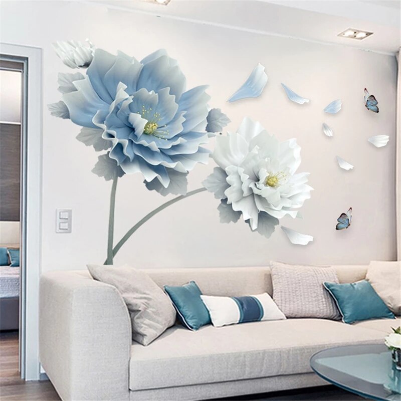 Große Weiß Blau Blume Lotus Schmetterling Abnehmbare Zauberstab Aufkleber 3D Zauberstab Kunst Decals Heimat Dekor Wandbild Kunst für Wohnzimmer schlafzimmer