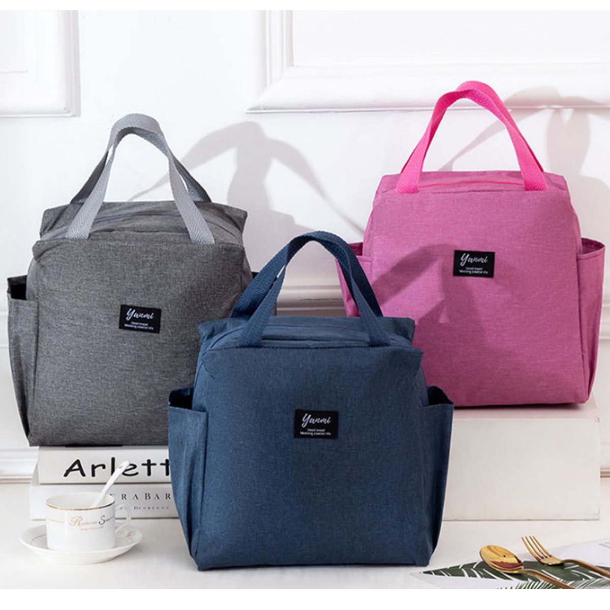 Double pockets Portable lunch bag lunch box insulated canvas tote bag school lunch portable dinner box picnic food storage: Khaki