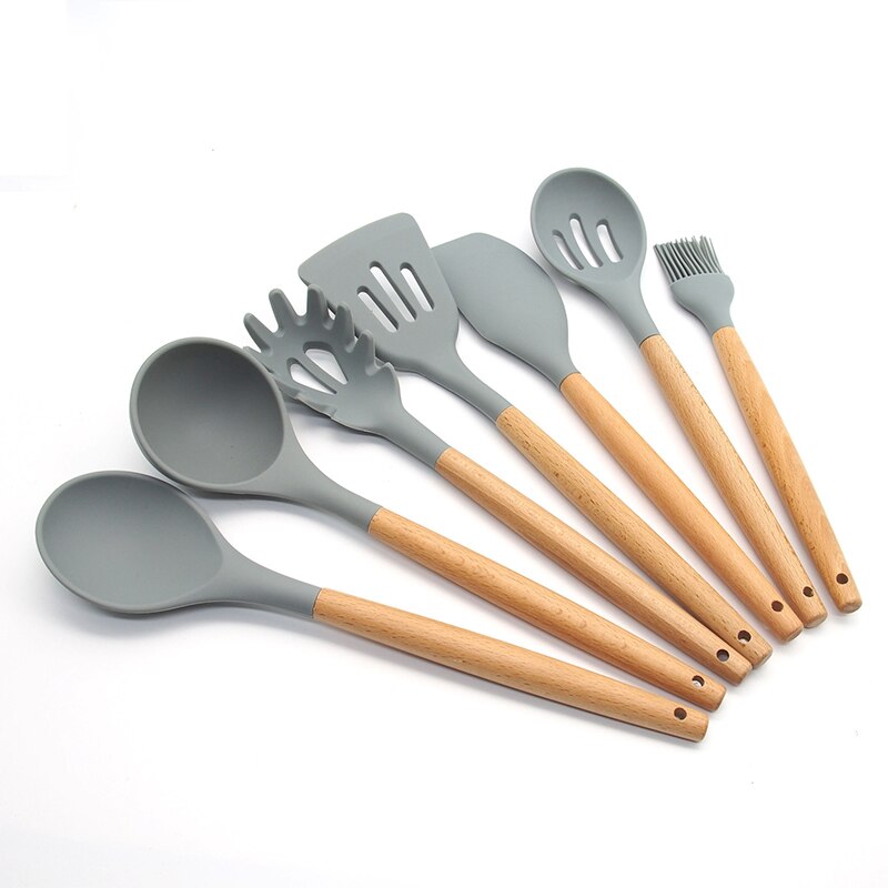 Silicone Cooking Utensils Kitchen Utensil Set Non-stick Heat Resistant Silicone,Cookware with Wooden Handle: 7 Pcs