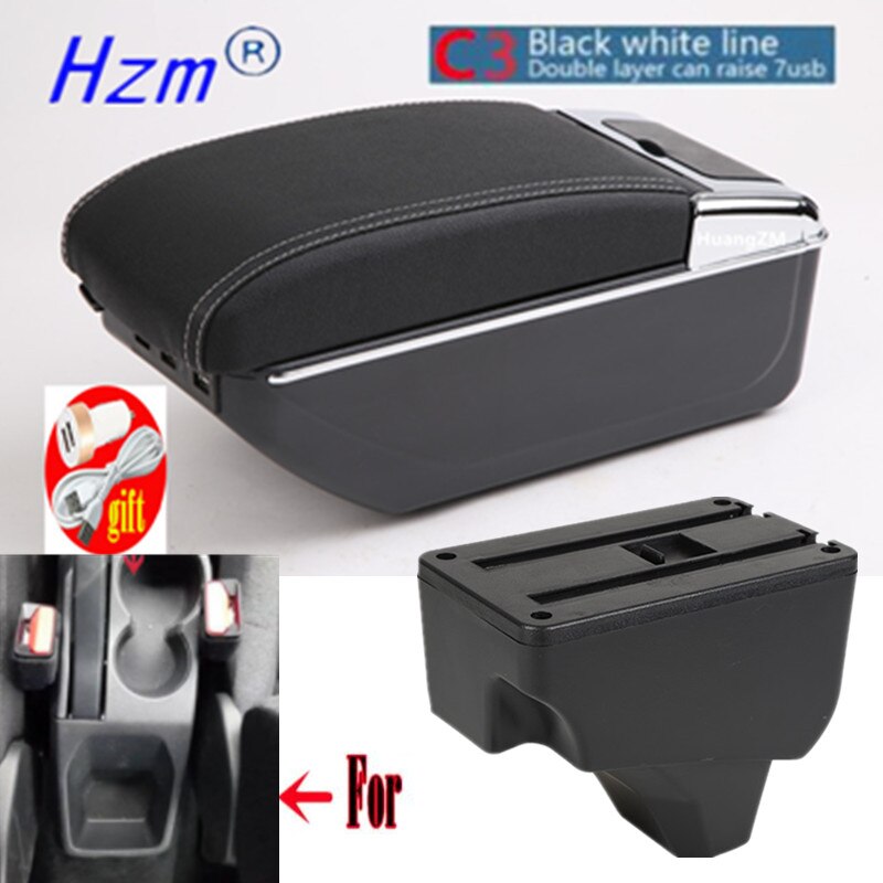 For Peugeot Armrest For Peugeot 208 Car Armrest box Retrofit parts Interior Storage box accessories USB LED: C style black line