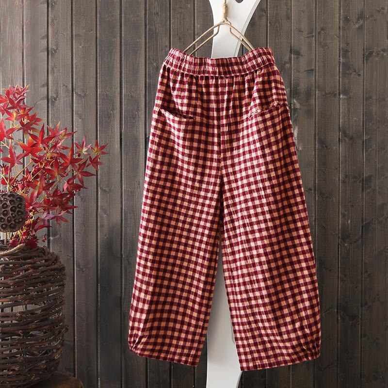 Frauen Baumwolle Leinen Hosen ZANZEA Sommer Plaid Überprüfen Elastische Taille lässig Hosen verlieren Taschen Breite Bein Lange Pantalon Femme