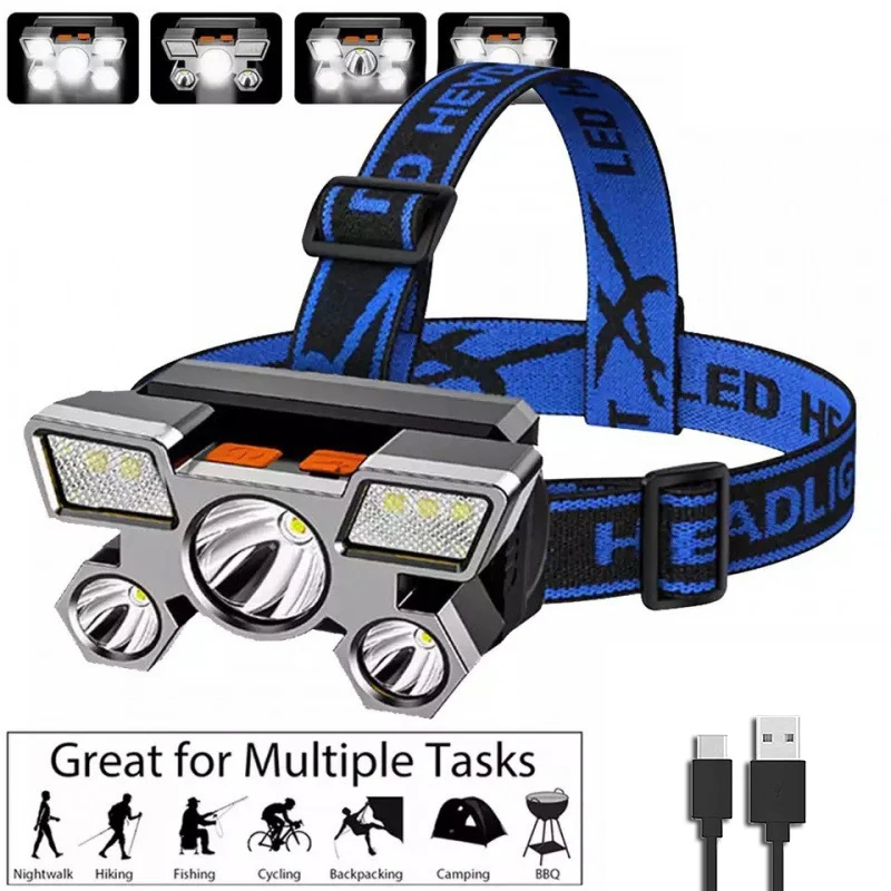 Linterna frontal de luz fuerte 5LED, linterna para cabeza de pesca recargable por USB, linterna para acampar y ciclismo, lámpara de mina montada en la cabeza: Verde