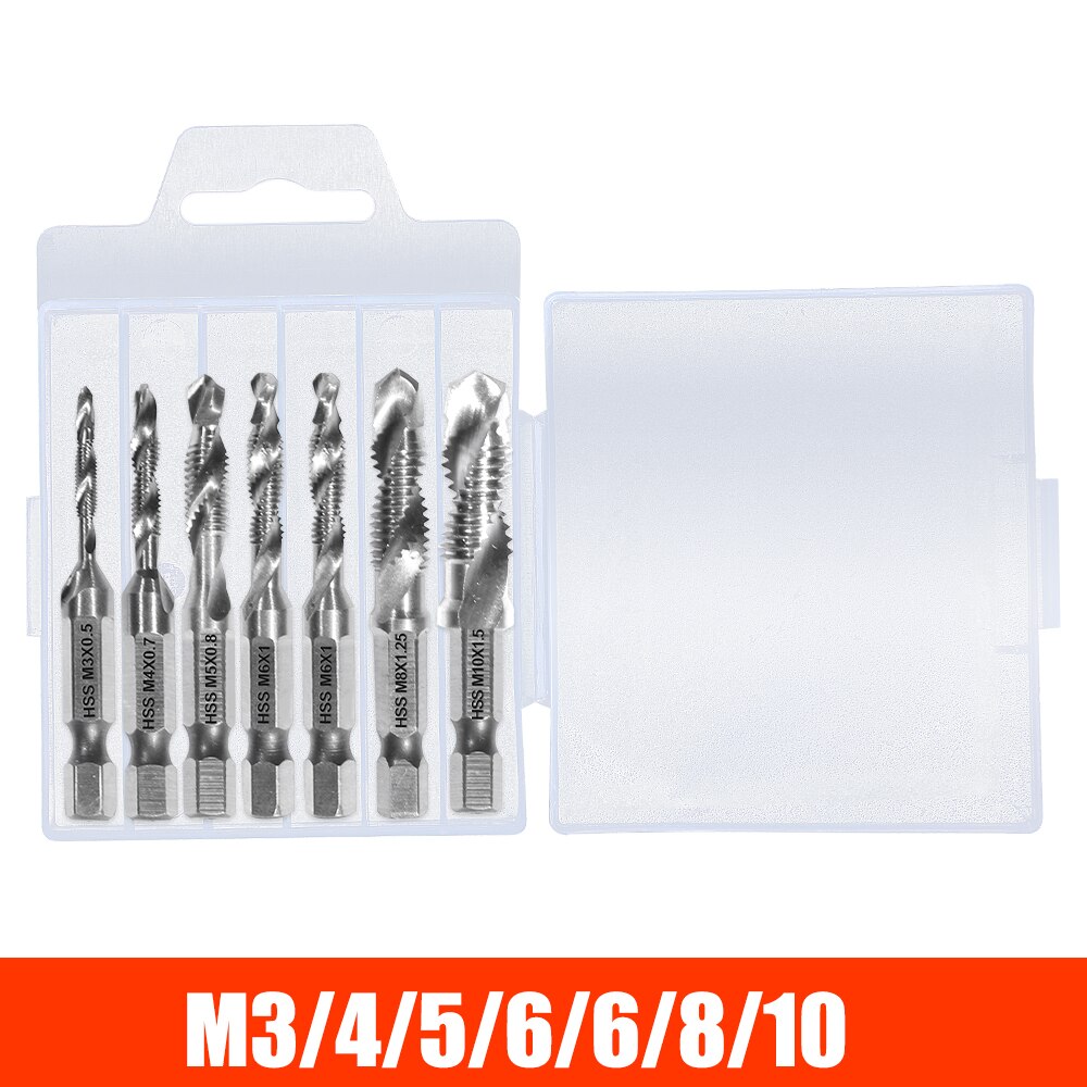 M3 M4 M5 M6 M8 M10 Titanium Tap Drill Bit Set Hex Shank HSS Screw Thread Metric Combination Drill Bits Compound Hand Tools: 7PCS Silver / Lengthen