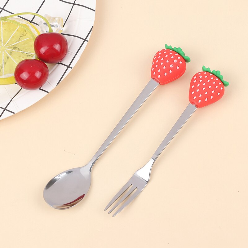 Tenedor de acero inoxidable con forma de fruta para niños, Mini tenedores para fruta, pastel, postre, ensalada, cubiertos de comida de dibujos animados, herramienta de cocina, 2 uds.: Strawberry