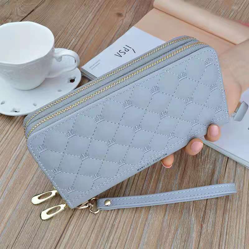 Women&#39;s wallet V Ladies mobile phone bag long ladies clutch bag star Double zipper hand strap bag Multiple color 697: H gray