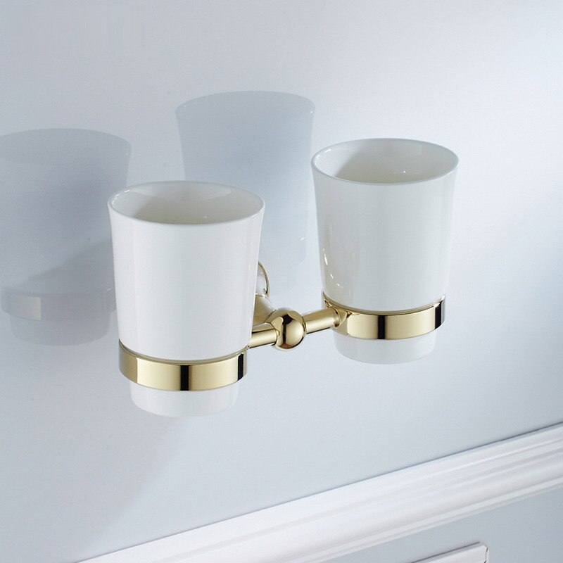 Ylellinen kulta messinki kaksinkertainen juomalasipidike kuppi &amp; juomalasitelineet hammasharjapidikkeet kylpyhuonetarvikkeet