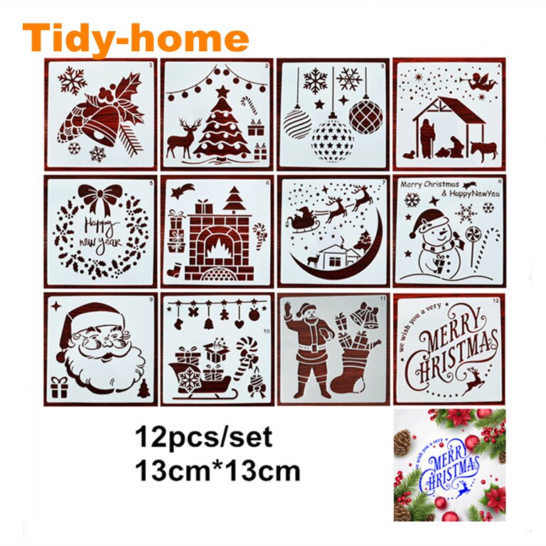 12 pièces/ensemble élément de noël modèle peinture Scrapbooking pochoirs bricolage carte de noël nouvel an carte modèle 13*13cm