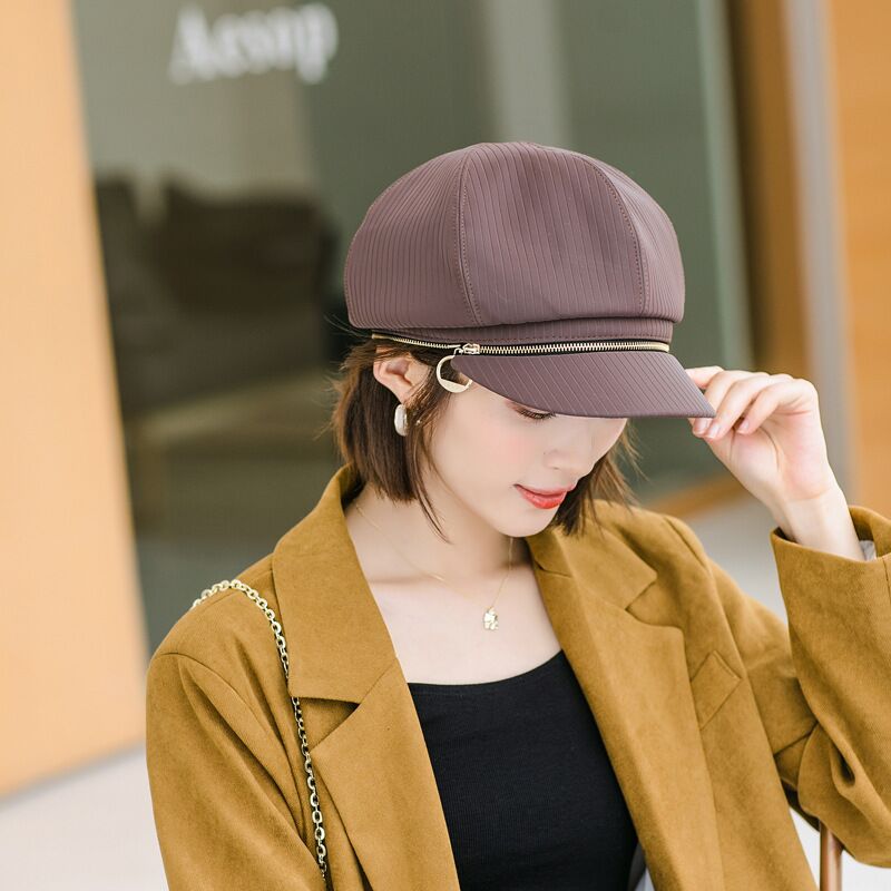 Boina, gorro de otoño-invierno , sombrero de mujer Vintage a rayas octogonal, gorra de caballero, gorra de pintor con cremallera para mujer, sombrero de pintor artístico de doble uso: brown