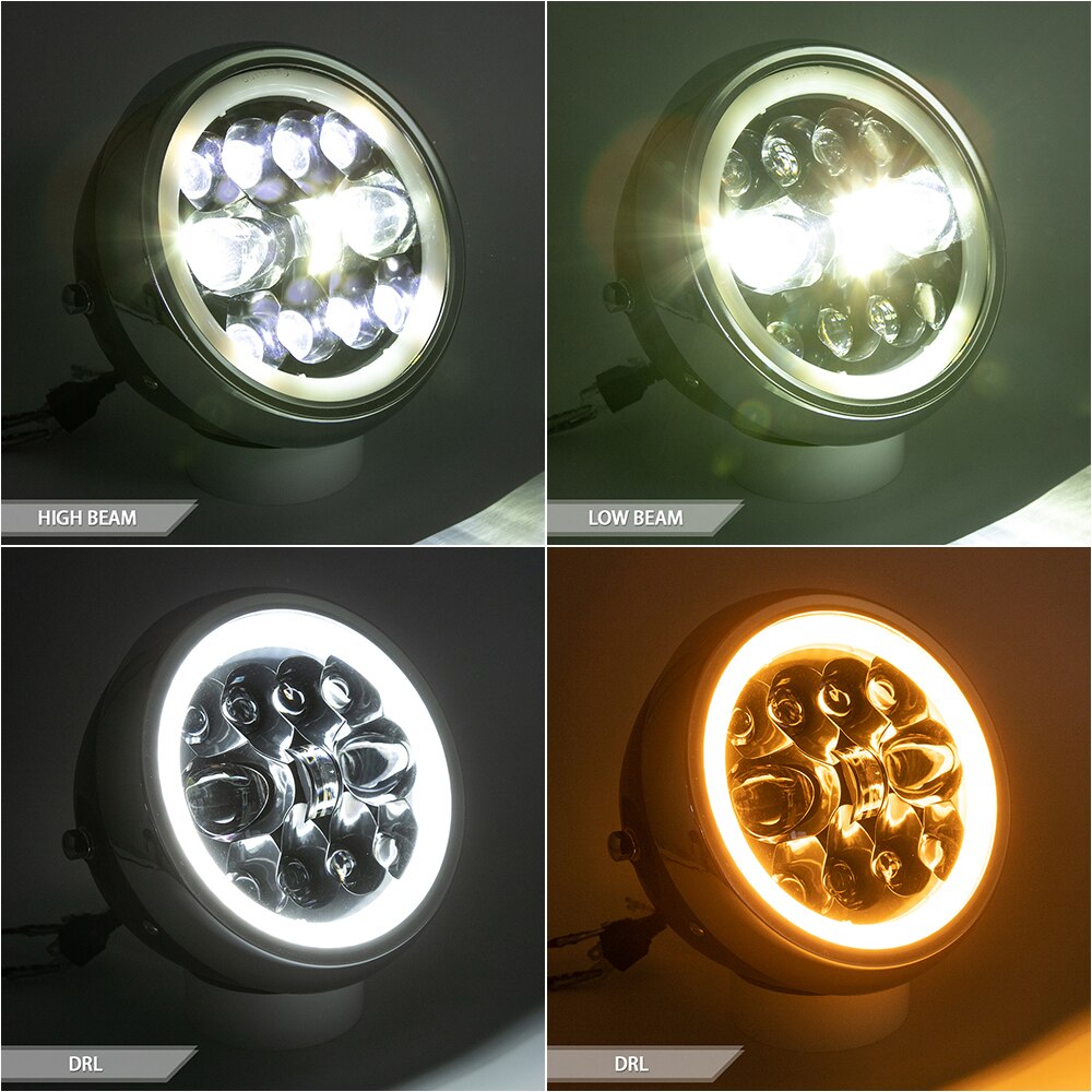 7,5 zoll LED Scheinwerfer Motorrad Cafe Rennfahrer Scheinwerfer DRL Hallo & Abblendlicht Engel Ring Für Honda Yamaha Suzuki Kawasaki touren