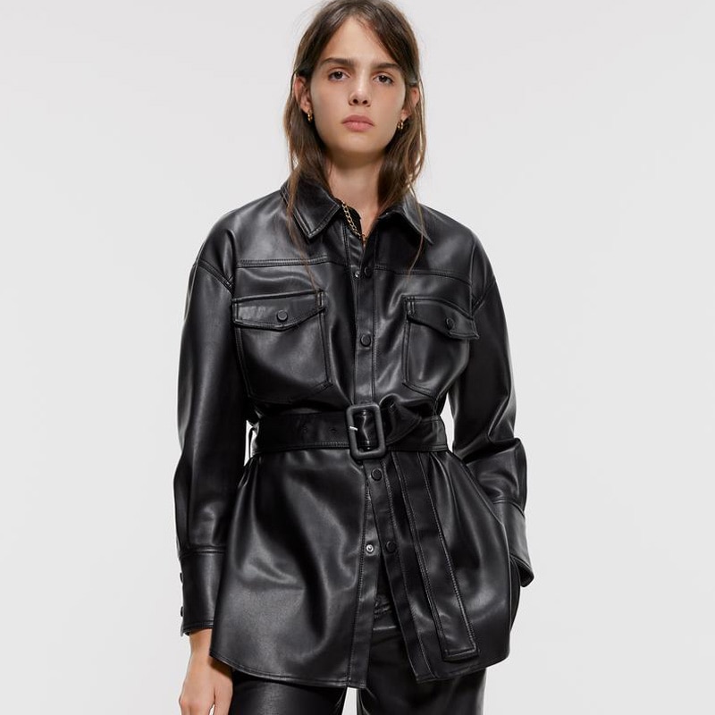 Nero Faux Delle Donne giacca di pelle Sottile DELL&#39;UNITÀ di elaborazione di Giubbotti Donne Elegante Della Cinghia del Legame Della Vita biker giacca Femminile cappotto di pelle pieno inverno