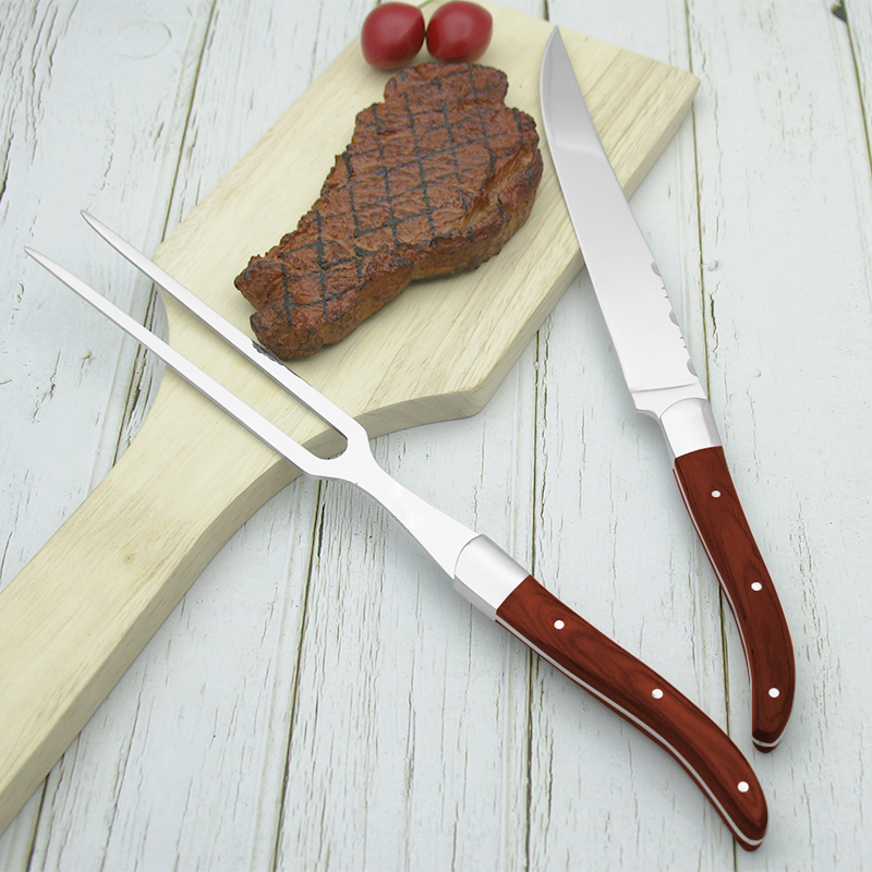 Laguiole-Juego de cuchillos de acero inoxidable para restaurante, conjunto de cubiertos con mango de madera para carne, tenedor de cena, de Navidad, 2 uds. De 11,8 pulgadas