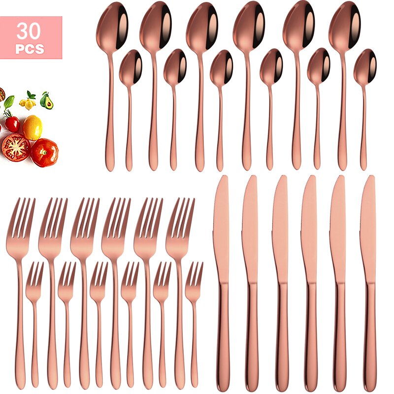 30Pcs Gold Bestek Set Keukengereedschap Zwart Roestvrij Staal Servies Vork Mes Thee Lepel Kit Zilverwerk Thuis Servies: 30pcs RoseGold