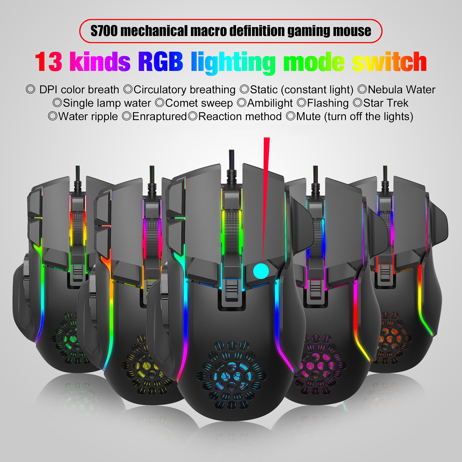 HXSJ S700 Mouse 10 Keys Wired Gaming Mouse Macro Programming Ergonomic Mice with 12800 DPI RGB Light Effect Gaming Mice for PC