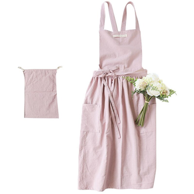 Long Pink Blue Cotton Apron Cafe Barista Restaurant Waitress Bakery Florist Uniform Cook Baking Painting Crafting Work Wear D37: Pink