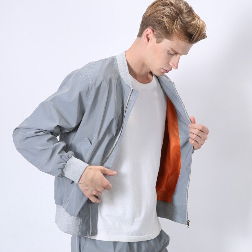Full Zipper Reflective Fitness Sport Baseball Jacket Men Slim Fit Outdoor Running Hip-hop Crop Jacket Coat Streetwear S-4XL