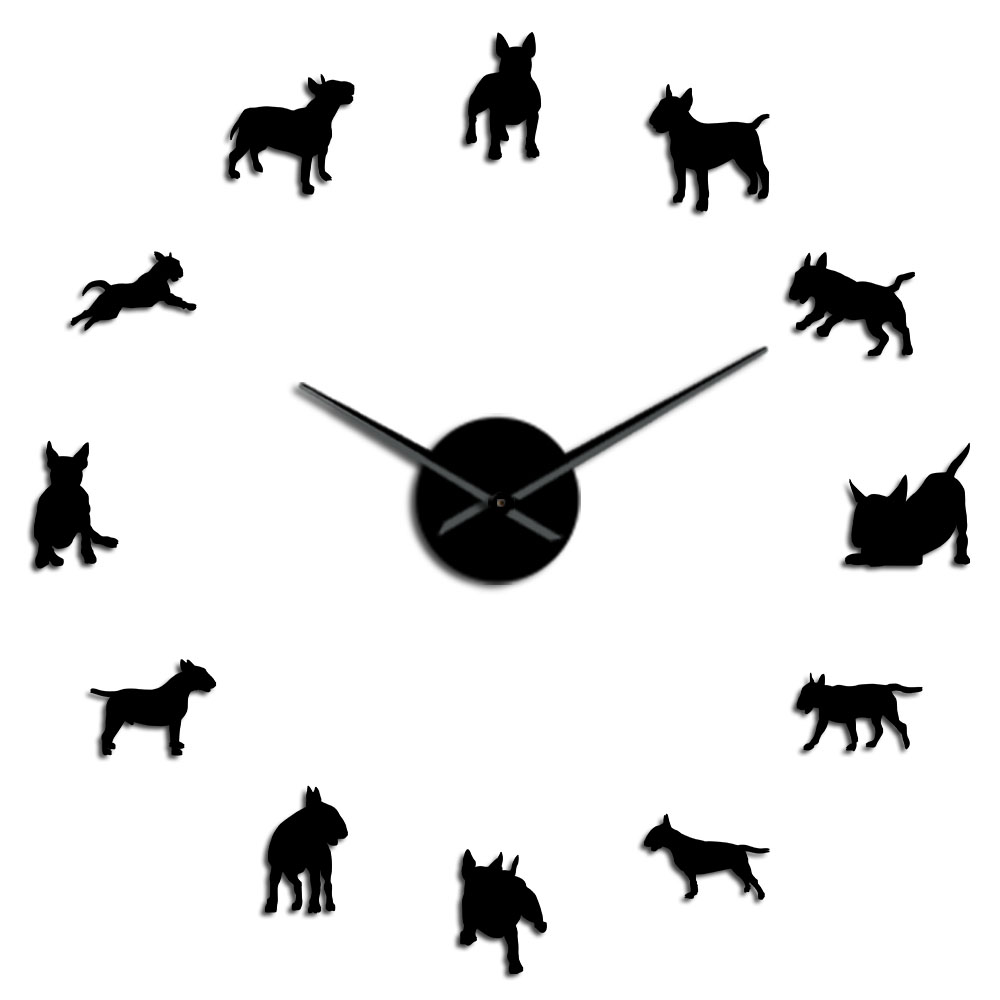 DIY Reloj de pared grande Bull Terrier perro Reloj de pared arte perro Pug aguja reloj decoración de tienda de mascotas para Bull Terrier amante: Black