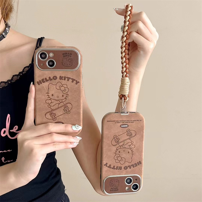 Coque de téléphone en daim avec poignet, coque de dessin animé mignon, coque marron, Hello Kitty, Jokawaii, iPhone 15, 14 Plus, 13, 12, 11 Pro Max, luxe