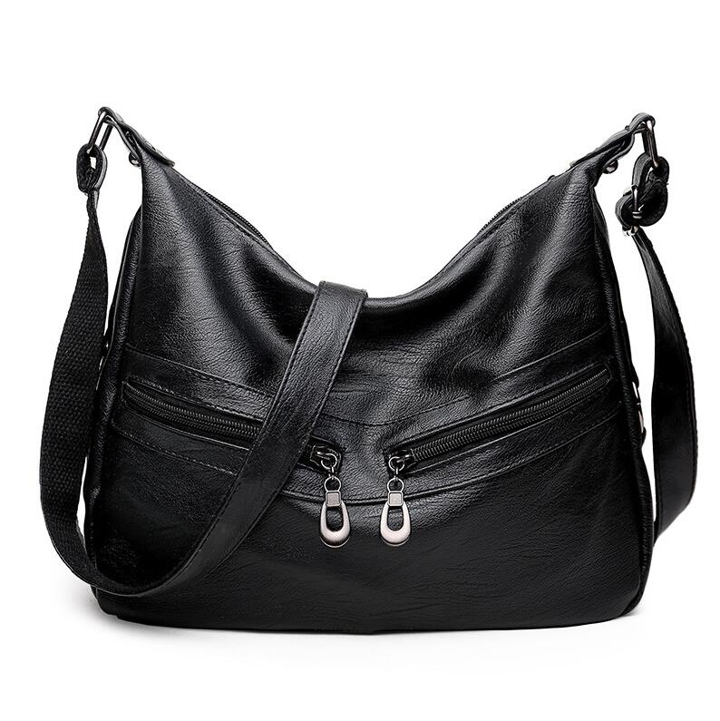 Kvinder retro blød pu læder taske mærke messenger bag kvindelig stor kapacitet håndtaske totes taske til kvinder skuldertasker: Sort