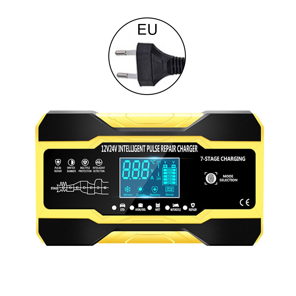 Chargeur de réparation d'impulsions de voiture 12V/5A 24V/10A, avec écran LCD, pour batterie de moto, automatique, intelligent, en 7 étapes, rapide: Yellow EU