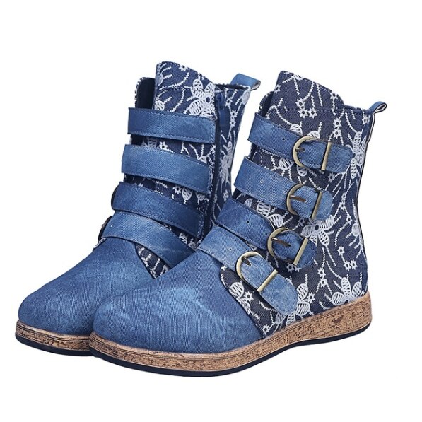 Socofy, botas para Mujer, estampado Retro, hebilla de Metal, cuero suave, cremallera, Botines, botas para Mujer: Azul / 42
