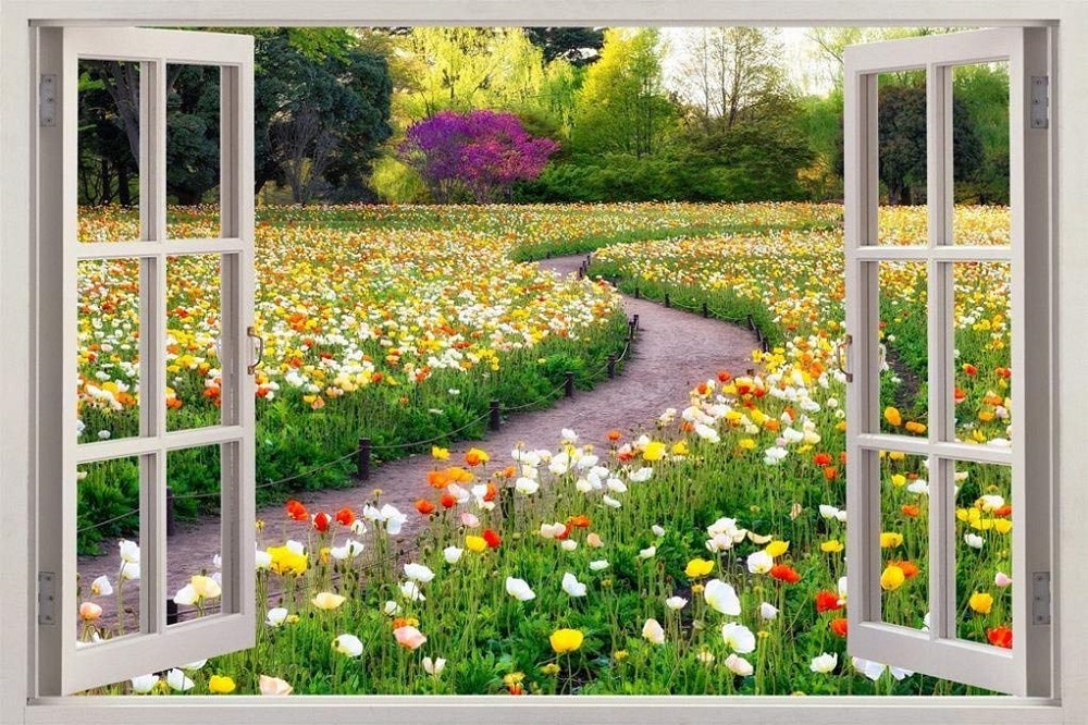 3D Effect Window View WALL STICKERS Backyard Garden Frame Vinyl Decal Decor Mural Kitchen Bathroom motorbike wall art