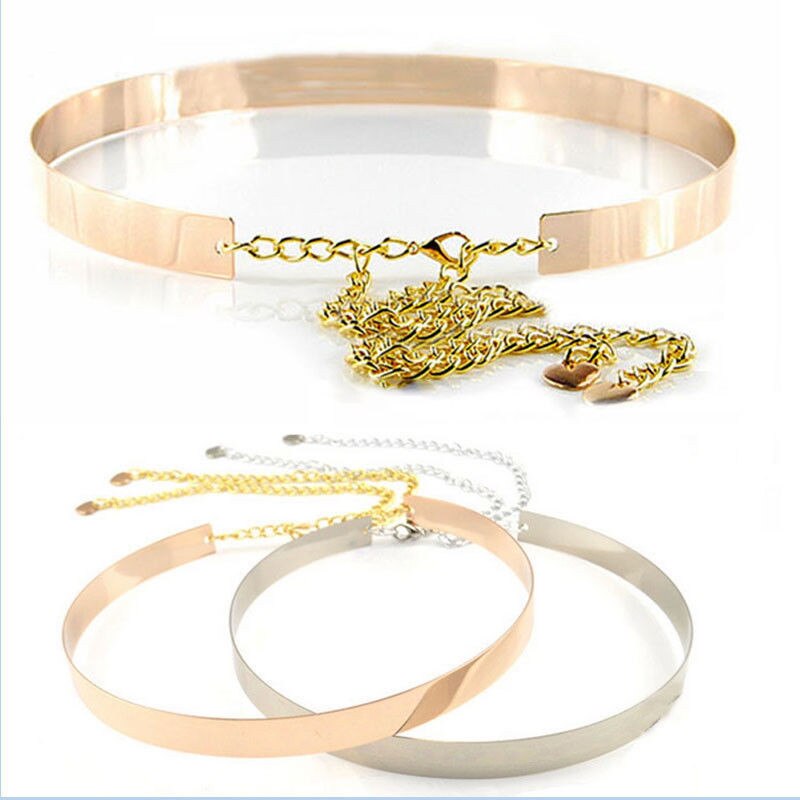 Womens Gold Plate Full Metal Mirror Waist Belt Metallic With Chains Belt