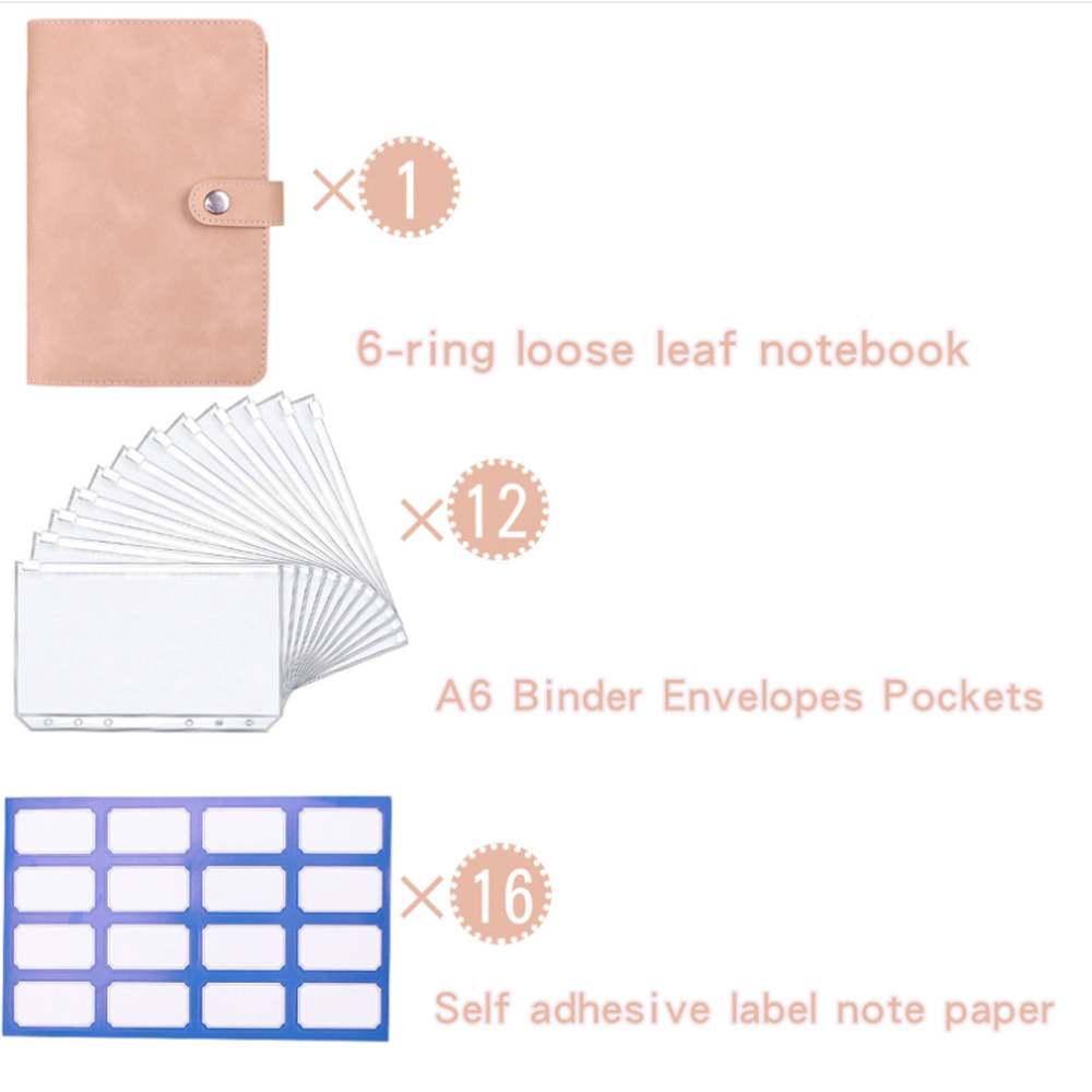 Colourful A6 Notebook Binder Kit PU Leather Diary Agenda Planner Budget With Zippered Envelopes Label Sheet School Stationery: Pink