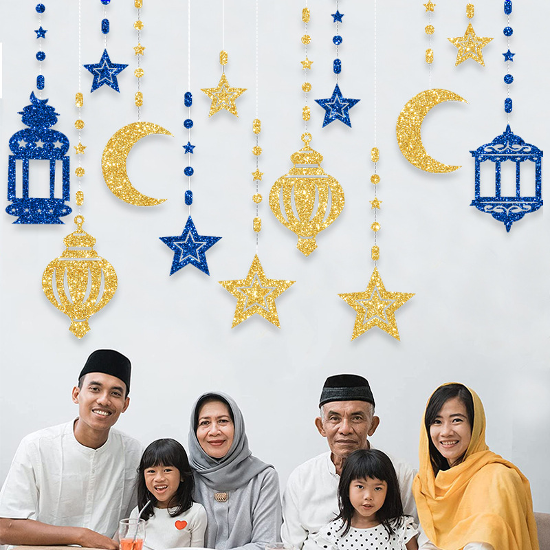 EID Mubarak Swirl Banner Star Moon Ceiling Hanging Ornament Ramadan Kareem Decoration for Home Islam Muslim Party Supplies: Olive