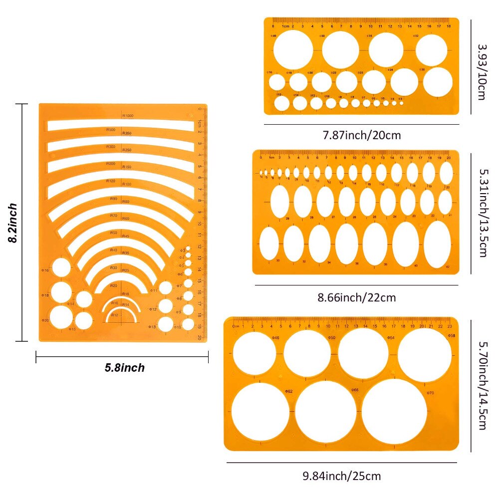 XRHYY 4 Pieces Template Plastic Rulers Circle Oval Circle Radius Drawing Templates for Office and School Supplies (Yellow)