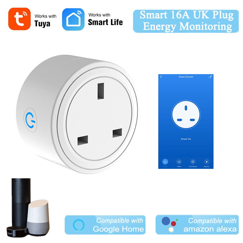 Tuya Smart 16A UK Smart Socket With Energy Monitoring WiFi Plug Compatible With Alexa Echo Google Nest APP Wireless Control