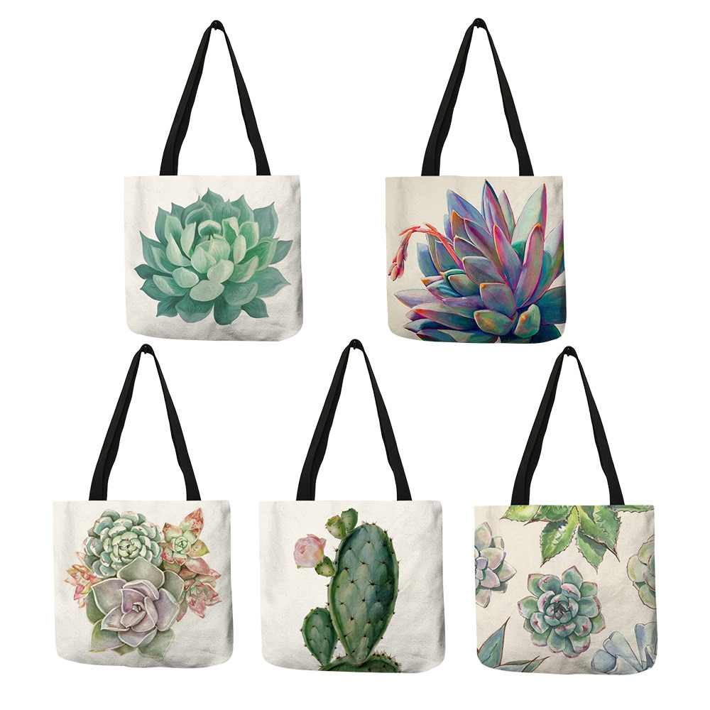 Aquarel Tropische Succulenten Print Linnen Zak Bloemen Tassen Voor Vrouwen Folding Herbruikbare Shopping Tassen Reistassen