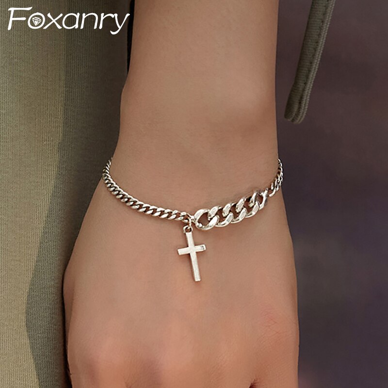 Foxanry personalidade 925 selo engrossar pulseira para feminino ins moda punk hiphop rocha cruz pingente festa jóias presente