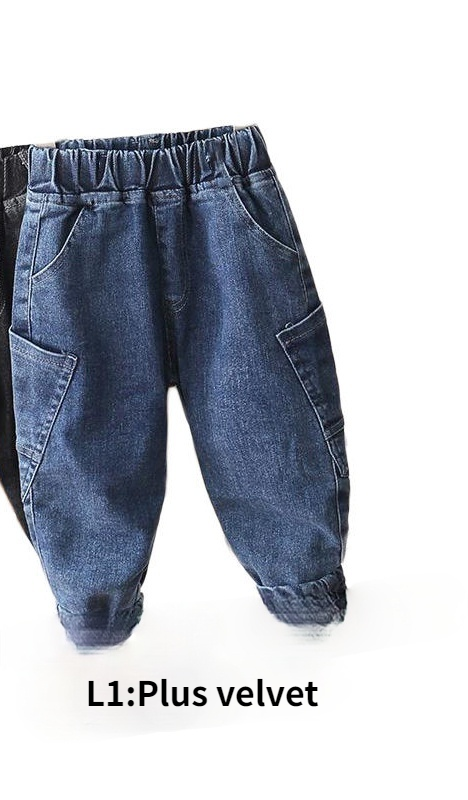 Jongens Meisjes Plus Fluwelen Jeans Herfst/Winter Dikke Broek Baby Koreaanse Casual Warm Harembroek Baby Boy Broek Unisex kleding: L1-plus velvet / Size 130