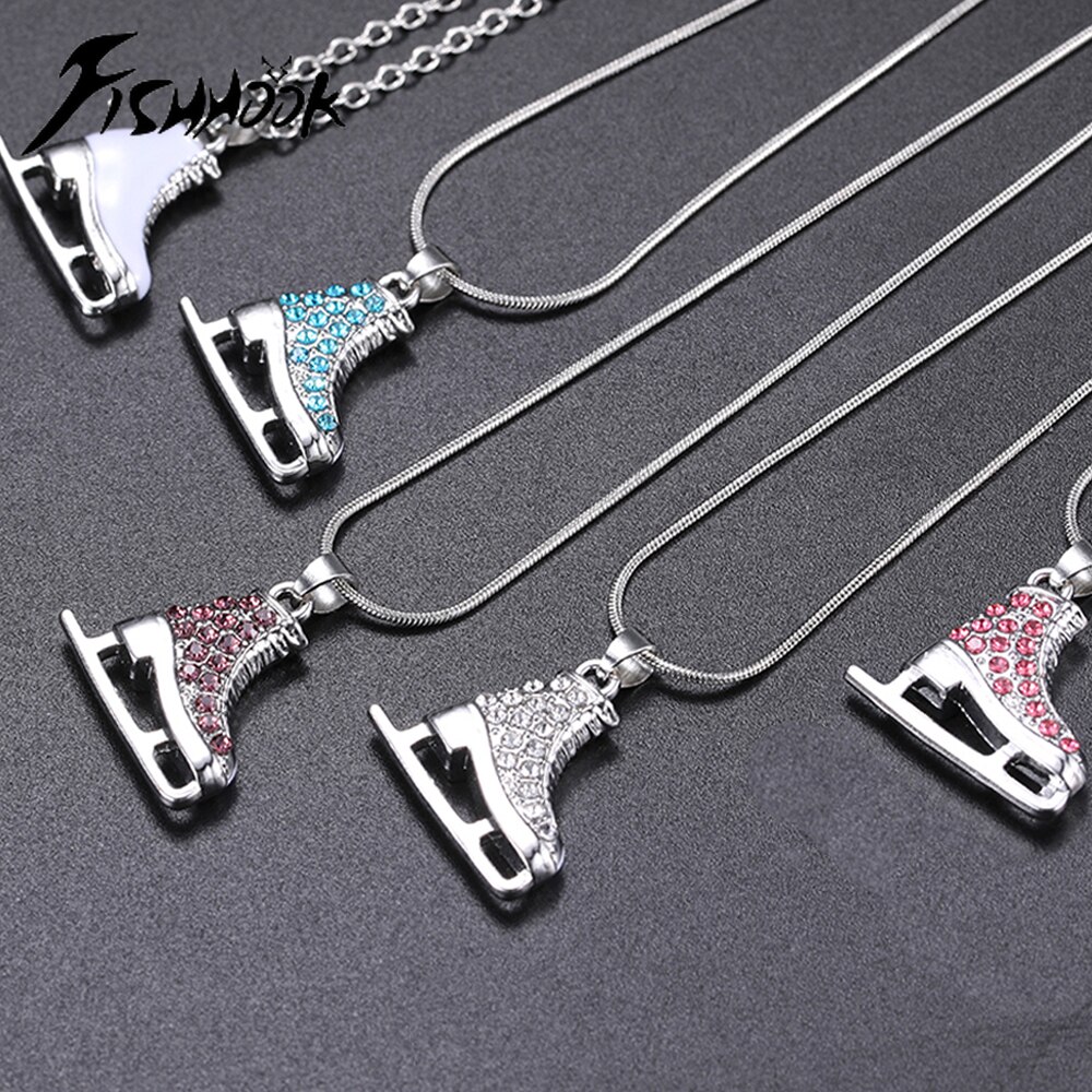 Zircon 3D Ice Skate Shoe Necklace White Enamel Luxury Blue Pink Crystal Family Chain Couple Pendant For Men Women Jewelry