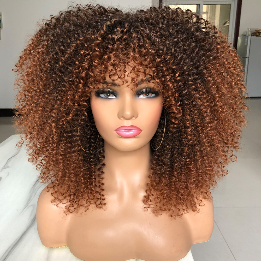 Perucas afro encaracoladas para mulheres negras, perucas sintéticas afro encaracoladas com franja, cabelo longo e fofo e encaracolado